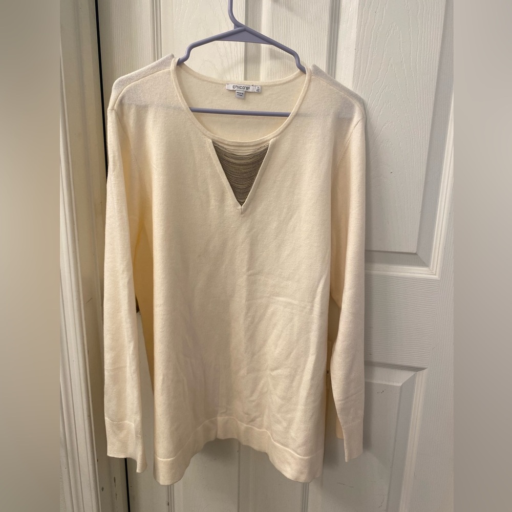 Chico's Women’s Ballchain Neck Sweater with Metallic Detail English cream color.